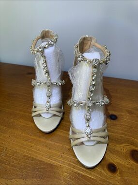 Badgley Mischka Champagne Crystal T-Strap High Heel Sandals